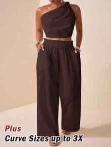 Zivah Women's Plus Size Brown Summer 2-Piece Set,One Shoulder Textured Casual Top & Wide Leg Pants,Smart Casual Vacation Boho Style Outfit With Pockets - Brown - View 9