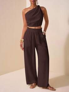 Zivah Women's Plus Size Brown Summer 2-Piece Set,One Shoulder Textured Casual Top & Wide Leg Pants,Smart Casual Vacation Boho Style Outfit With Pockets - Brown - View 7