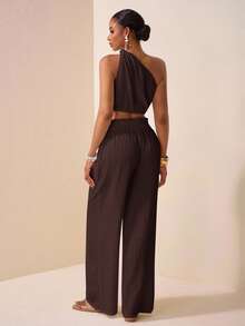 Zivah Women's Plus Size Brown Summer 2-Piece Set,One Shoulder Textured Casual Top & Wide Leg Pants,Smart Casual Vacation Boho Style Outfit With Pockets - Brown - View 2