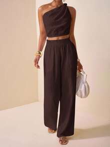 Zivah Women's Plus Size Brown Summer 2-Piece Set,One Shoulder Textured Casual Top & Wide Leg Pants,Smart Casual Vacation Boho Style Outfit With Pockets - Brown - View 4