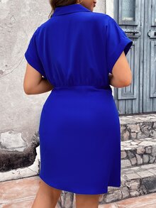 Vionelle Plus Solid Batwing Sleeve Wrap Knot Side Dress - Royal Blue - View 2