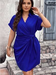 Vionelle Plus Solid Batwing Sleeve Wrap Knot Side Dress - Royal Blue - View 1