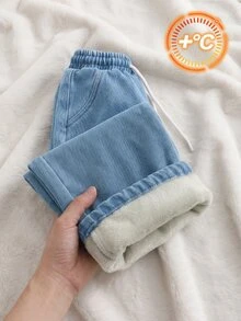 SHEIN Explorewe 女童牛仔長褲，秋季新品，淺藍色，彈性腰帶抽繩設計，寬鬆版型，輕量柔軟牛仔布料，舒適親膚，適合秋冬日常穿著、拍照、購物、外出、度假等，2026新款女童牛仔長褲 - 淺色水洗藍 - 查看 4