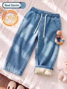 SHEIN Explorewe 女童牛仔長褲，秋季新品，淺藍色，彈性腰帶抽繩設計，寬鬆版型，輕量柔軟牛仔布料，舒適親膚，適合秋冬日常穿著、拍照、購物、外出、度假等，2026新款女童牛仔長褲 - 淺色水洗藍 - 查看 5