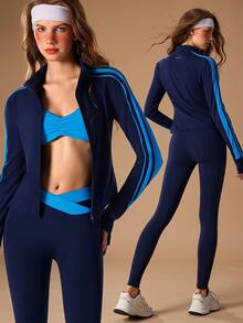 VARSIVA Women's Side Stripe Zipper Placket Slim Fit Sports Jacket - Multicolor - View 2