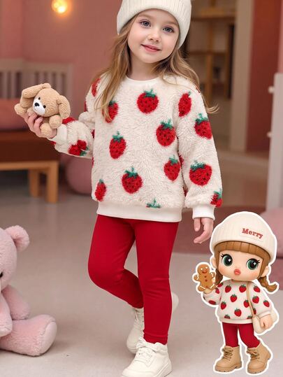 YOUNG GIRLS 2pcs Strawberry Print Plush Sweatshirt Solid Leggings Set, Fall Long Sleeve Toddler Outfit, Children's Set Birthday Red,Christmas Party