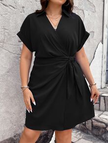 Vionelle Vestido casual de talla grande para mujer con mangas de murciélago y lazo de unicolor - Negro - Ver 6