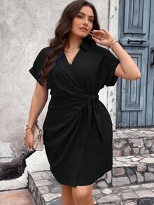 Vionelle Vestido casual de talla grande para mujer con mangas de murciélago y lazo de unicolor - Negro - Ver 1