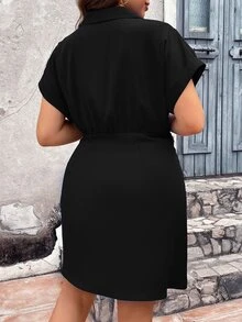 Vionelle Vestido casual de talla grande para mujer con mangas de murciélago y lazo de unicolor - Negro - Ver 2