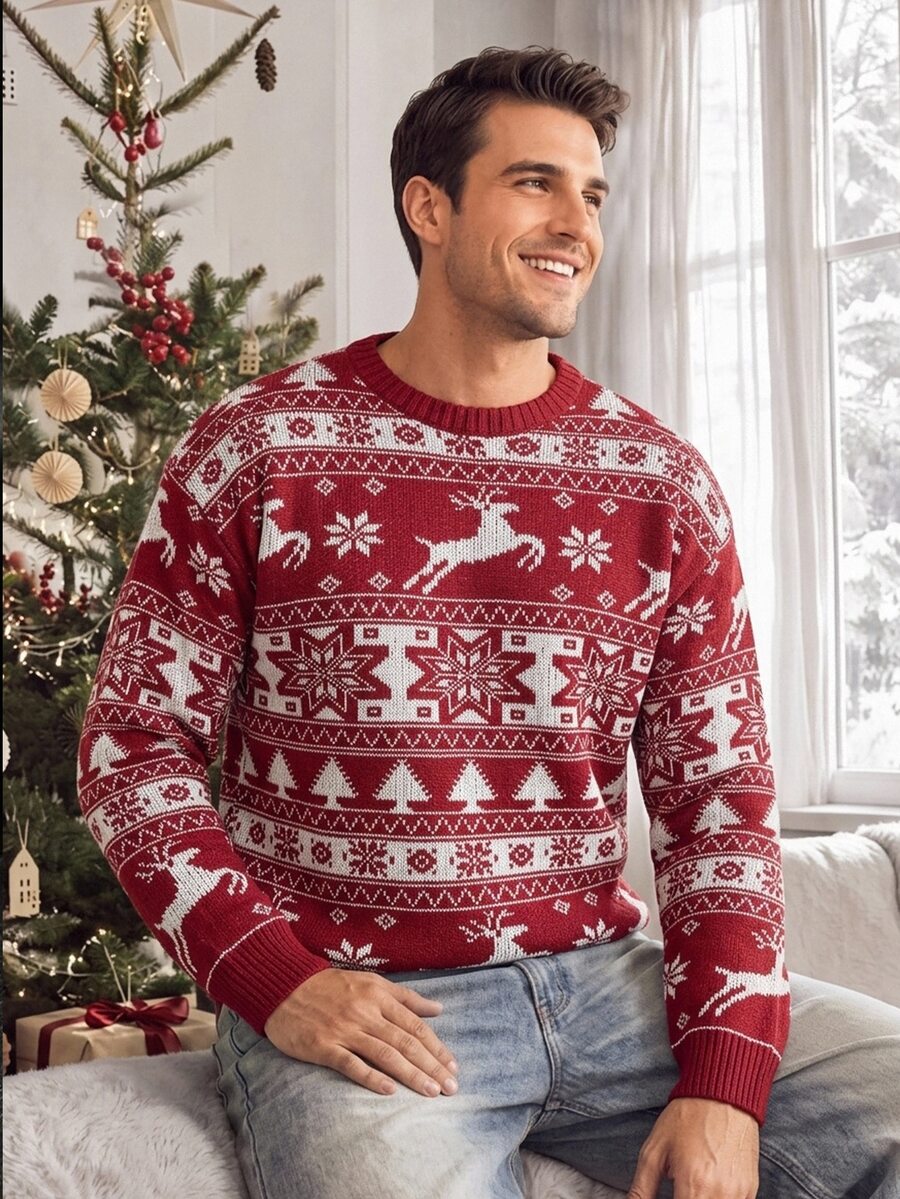 Men's All-Over Print Casual Daily Long Sleeve Sweater Christmas - Red - View 1