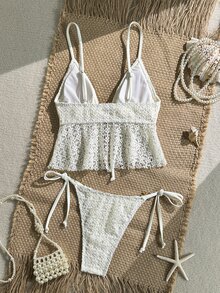 Swim Vcay 女款春夏提花布料細肩帶前綁帶金屬裝飾比基尼上衣，米白色熱帶性感全幅流蘇設計，適合海灘派對 - 米色 - 查看 2