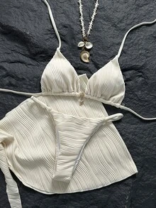 Swim Vcay Women's Spring/Summer Jacquard Fabric Halter Neck Skirt Bikini Set - Apricot - View 4