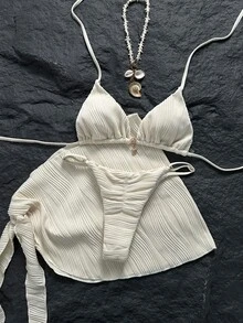 Swim Vcay Women's Spring/Summer Jacquard Fabric Halter Neck Skirt Bikini Set - Apricot - View 10