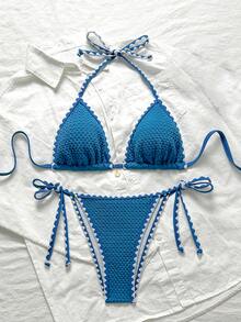 SHEIN Swim 女式夏季纯色提花面料荷叶边饰带肩带两件套蓝色比基尼套装 - 藍色 - 查看 3