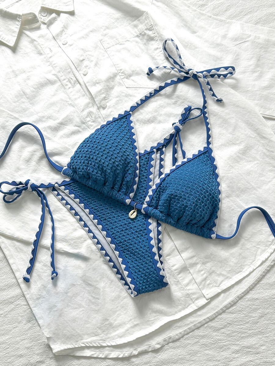 SHEIN Swim 女式夏季纯色提花面料荷叶边饰带肩带两件套蓝色比基尼套装 - 藍色 - 查看 1