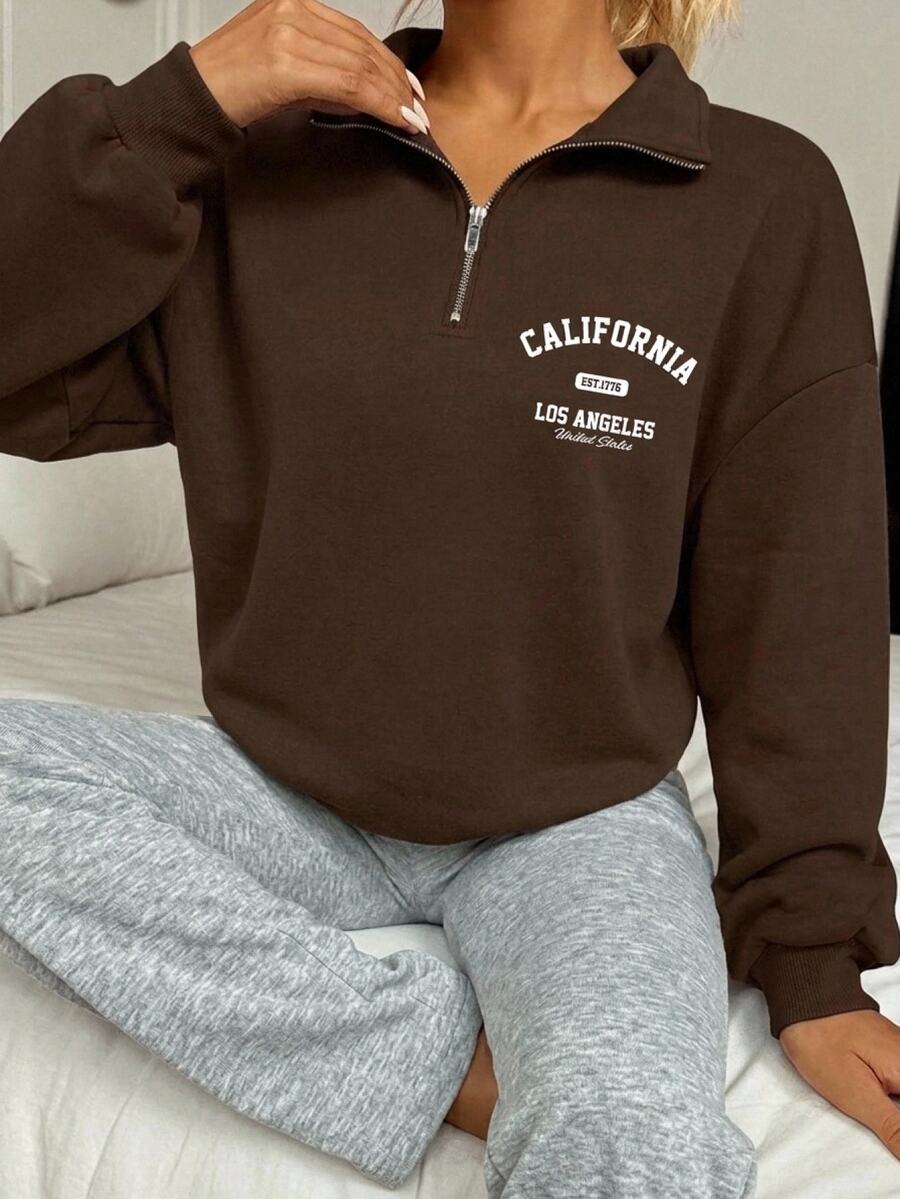 SHEIN EZwear 休閒街頭風極簡寬鬆半拉鍊高領衛衣,適合秋季/旅行日常穿搭,深棕色 - 棕色 - 查看 1