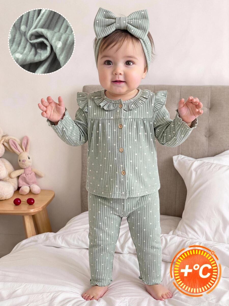 2pcs/Set Baby Girl Long Sleeve Pants Ribbed Fabric Bean Green Polka Dot ...