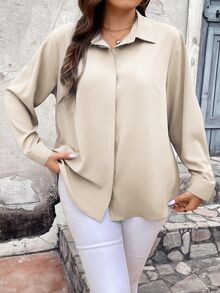 Vionelle Plus Solid Button Front Shirt Fall Cloth For Women - Beige - View 7