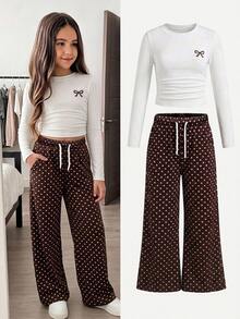SHEIN 女童 T-Shirt 兩件套，針織長袖上衣搭配白色棕色圓點長褲，休閒可愛，適合學校秋季穿著 - 棕色 - 查看 2