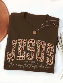 EMERY ROSE 復古工裝傳統牛仔豹紋 JESUS 信仰印花休閒大尺碼 T-shirt 棕色 正式晚裝 - 咖啡棕 - 查看 3