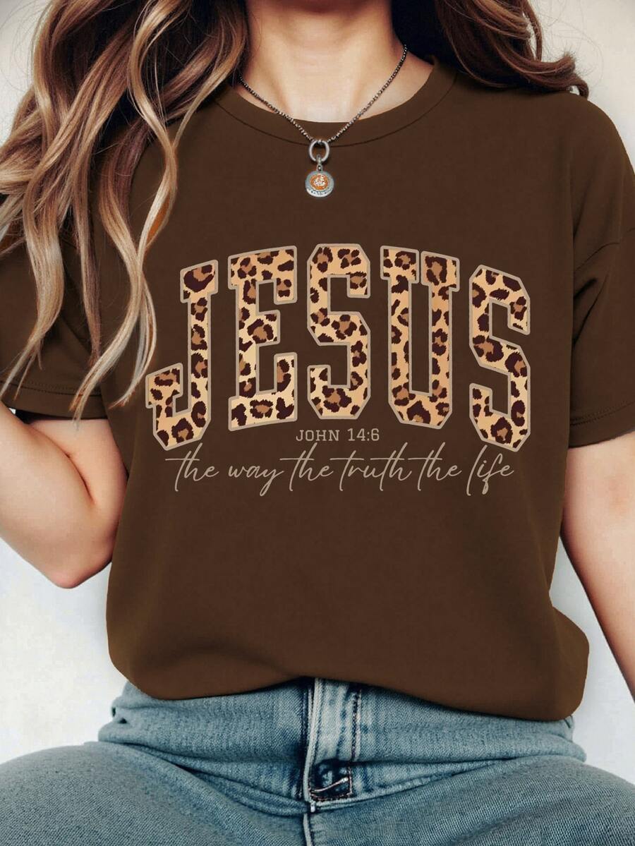 EMERY ROSE 復古工裝傳統牛仔豹紋 JESUS 信仰印花休閒大尺碼 T-shirt 棕色 正式晚裝 - 咖啡棕 - 查看 1