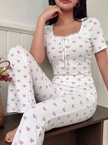 SHEIN Heart Print Contrast Lace Trim Slim Fit Short Sleeve Women Pajama Set - Pink - View 6