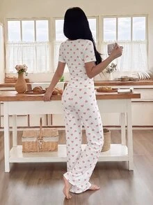 SHEIN Heart Print Contrast Lace Trim Slim Fit Short Sleeve Women Pajama Set - Pink - View 2
