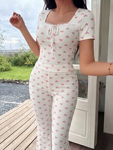 SHEIN Heart Print Contrast Lace Trim Slim Fit Short Sleeve Women Pajama Set - Pink - View 4