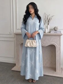 Al Najma Collared Eyelet Embroidery   Embroidered Loose Fit Blue Three-Quarter Sleeve Long Formal Casual Traditional For Women Dress - Blue - View 2