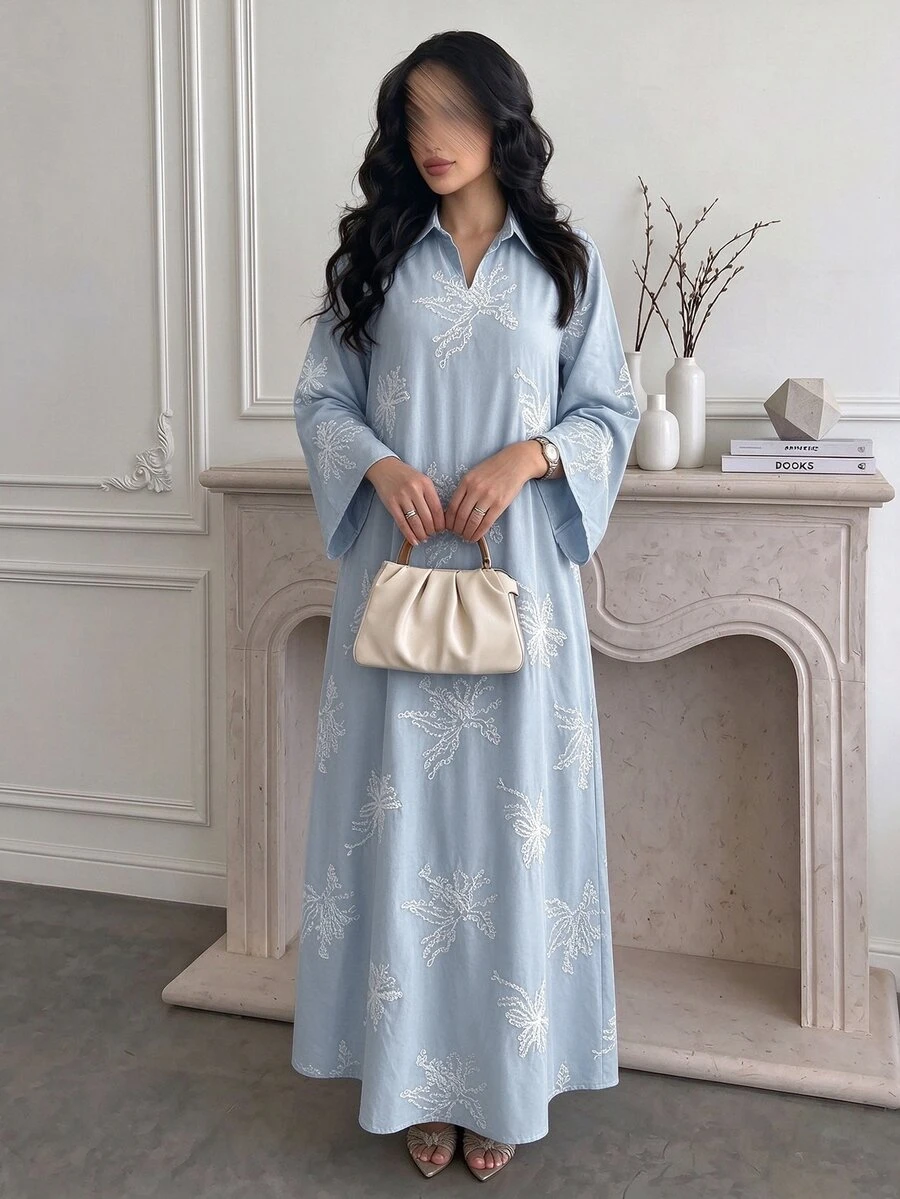 Al Najma Collared Eyelet Embroidery   Embroidered Loose Fit Blue Three-Quarter Sleeve Long Formal Casual Traditional For Women Dress