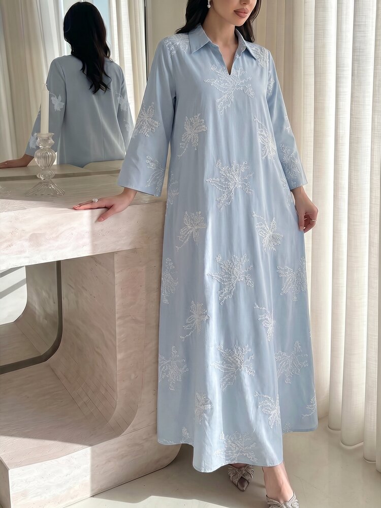 Al Najma Collared Eyelet Embroidery   Embroidered Loose Fit Blue Three-Quarter Sleeve Long Formal Casual Traditional For Women Dress - Blue - View 3