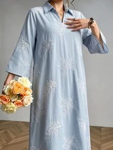 Al Najma Collared Eyelet Embroidery   Embroidered Loose Fit Blue Three-Quarter Sleeve Long Formal Casual Traditional For Women Dress - Blue - View 7