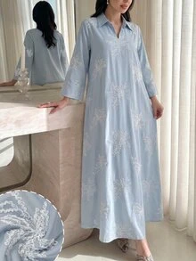 Al Najma Collared Eyelet Embroidery   Embroidered Loose Fit Blue Three-Quarter Sleeve Long Formal Casual Traditional For Women Dress - Blue - View 9