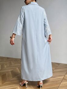 Al Najma Collared Eyelet Embroidery   Embroidered Loose Fit Blue Three-Quarter Sleeve Long Formal Casual Traditional For Women Dress - Blue - View 8