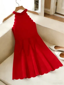 SHEIN 青少年女孩休閒優雅時尚純紅色立領收腰A字無袖洋裝，優雅花瓣下擺弧形下擺情人節洋裝 - 紅色 - 查看 3