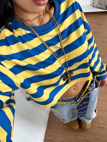 StreetHx Women's Solid Color Crew Neck Loose Boxy Cropped Washed Sweatshirt - Blue - View 3