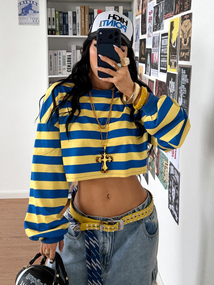 StreetHx Women's Solid Color Crew Neck Loose Boxy Cropped Washed Sweatshirt - Blue - View 1