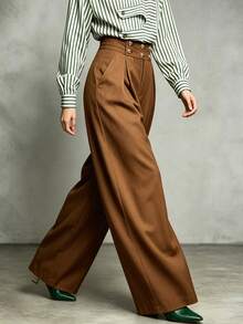 Trelyra Women's Fashion Gold Buckle Pleated Draped Loose Fit Slimming Wide Leg Suit Pants, Suitable For Office, Dating, Travel Wear - Brown - View 6