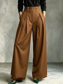Trelyra Women's Fashion Gold Buckle Pleated Draped Loose Fit Slimming Wide Leg Suit Pants, Suitable For Office, Dating, Travel Wear - Brown - View 4