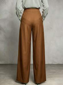 Trelyra Women's Fashion Gold Buckle Pleated Draped Loose Fit Slimming Wide Leg Suit Pants, Suitable For Office, Dating, Travel Wear - Brown - View 2