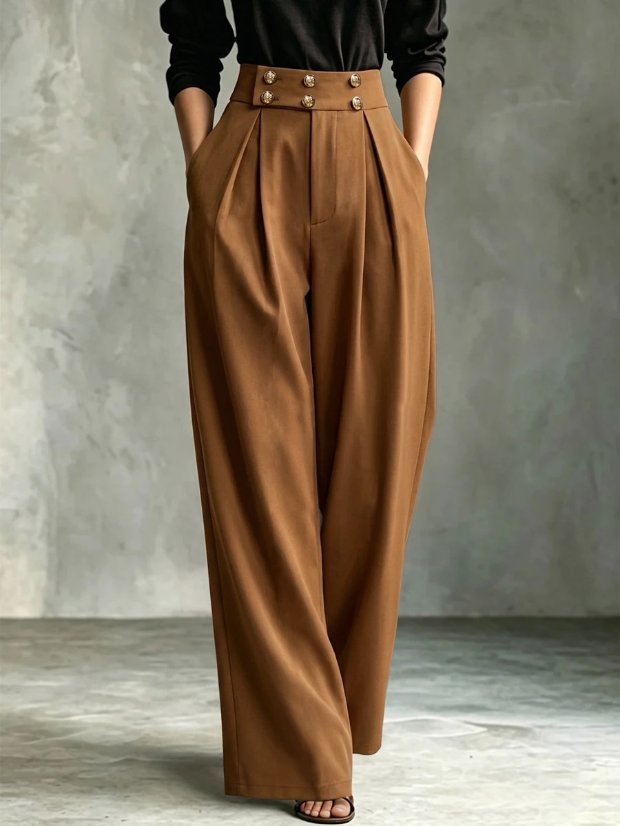 Trelyra Women's Fashion Gold Buckle Pleated Draped Loose Fit Slimming Wide Leg Suit Pants, Suitable For Office, Dating, Travel Wear - Brown - View 1