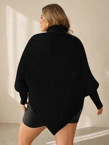 SHEIN CURVE+ 女款大尺碼套頭高領蝙蝠袖純色毛衣 秋季 - 黑色 - 查看 6