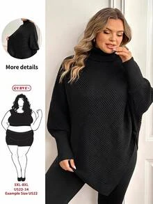 SHEIN CURVE+ 女款大尺碼套頭高領蝙蝠袖純色毛衣 秋季 - 黑色 - 查看 1