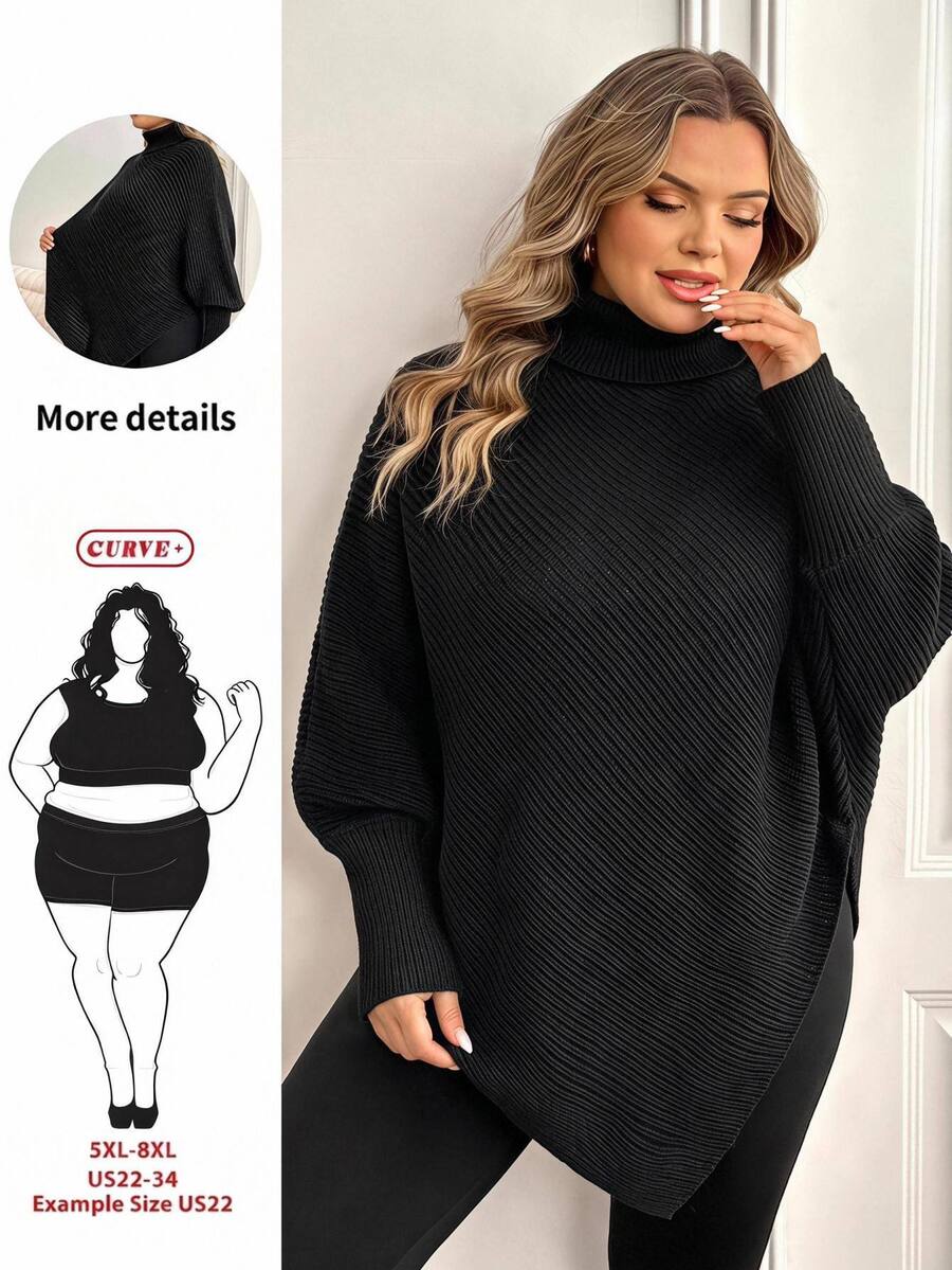 SHEIN CURVE+ 女款大尺碼套頭高領蝙蝠袖純色毛衣 秋季 - 黑色 - 查看 1