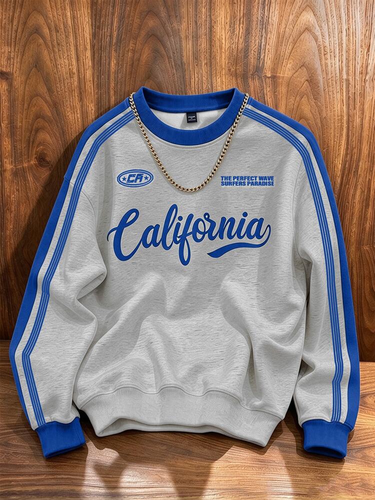 Daypath Men's American Vintage California Letter Print Summer Colorblock Webbing Raglan Sleeve Loose Slimming Crew Neck Sweatshirt - Multicolor - View 3