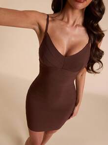 SHEIN BAE Fall Winter Brown Bandage Corset Waist Ruched Sleeveless Sexy Elegant Vintage Mini Dress Party Night Out - Brown - View 3