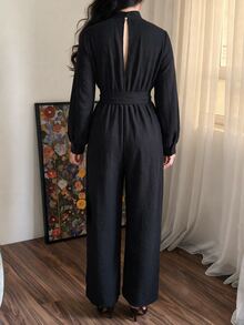SHEIN Women's Spring/Autumn New Chinese Style Stand Collar Frog Button Tie Waist Pockets Wide Leg Linen Jumpsuit, Zen Casual Commuter One-Piece - Black - View 3