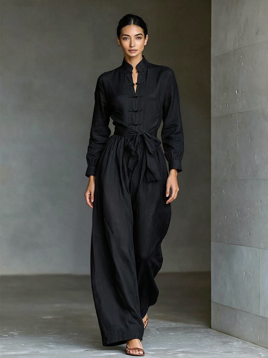 SHEIN Women's Spring/Autumn New Chinese Style Stand Collar Frog Button Tie Waist Pockets Wide Leg Linen Jumpsuit, Zen Casual Commuter One-Piece - Black - View 1