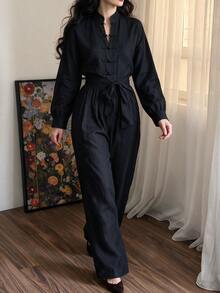 SHEIN Women's Spring/Autumn New Chinese Style Stand Collar Frog Button Tie Waist Pockets Wide Leg Linen Jumpsuit, Zen Casual Commuter One-Piece - Black - View 5