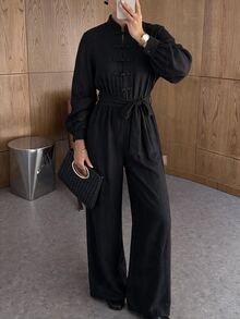 SHEIN Women's Spring/Autumn New Chinese Style Stand Collar Frog Button Tie Waist Pockets Wide Leg Linen Jumpsuit, Zen Casual Commuter One-Piece - Black - View 4